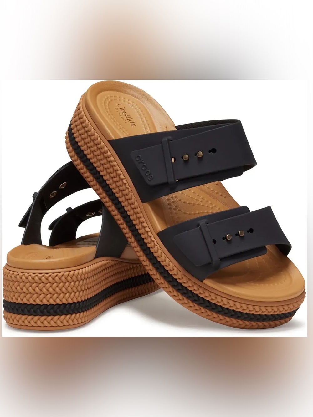 Crocs Brooklyn Buckle Low Wedges 2 strap black brown platform sandals size 10